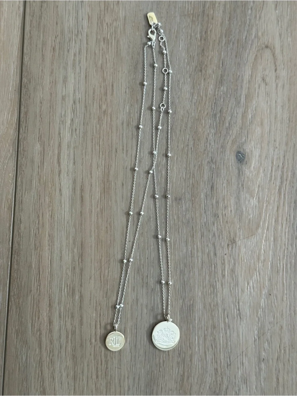 Lauren Ralph Lauren Silver Tone Engraved Logo Two-Row Pendant Necklace extender